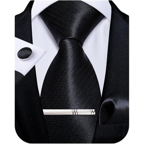 Mens Silk Necktie Solid Color Tie and Pocket Square Cufflink Tie Clip Set Woven - Picture 1 of 8